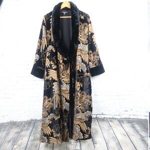TRF OUTERWEAR BLACK TAN & GREY VELVET ASIAN PRINT FAUX FUR DETAIL KIMONO DUSTER